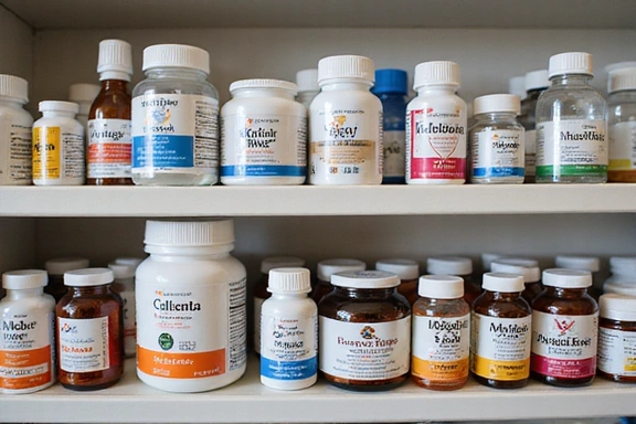 Botellas de suplementos y vitaminas en un estante de farmacia.