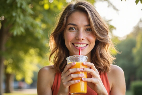 Mujer sonriendo mientras disfruta de una bebida saludable al aire libre.
