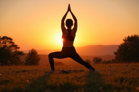 Persona practicando yoga al aire libre con el sol poniente de fondo.