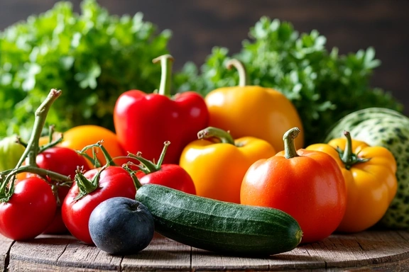 Variedad de frutas frescas y vegetales orgánicos en una mesa de madera.