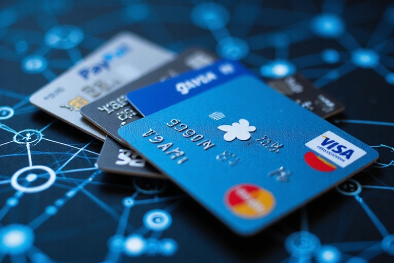 Variedad de tarjetas de crédito y el logo de PayPal, simbolizando métodos de pago seguros.
