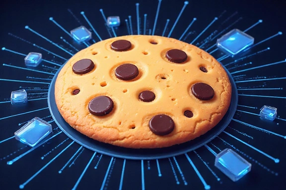 Ilustración de una galleta digital con chips de información, simbolizando las cookies de internet.