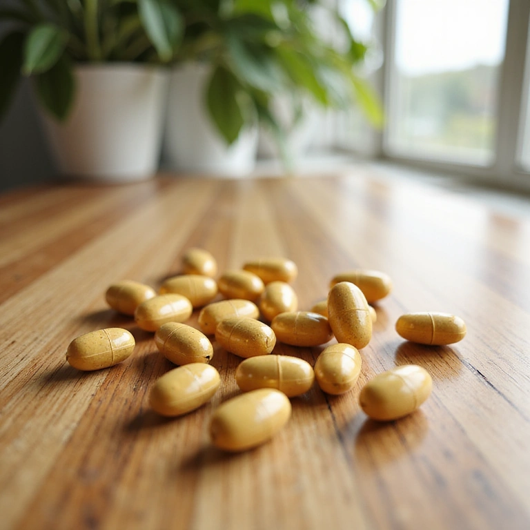 Cápsulas de suplementos naturales en una mesa de madera con luz natural