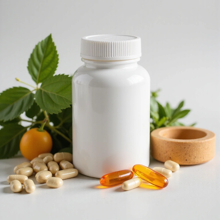 Envase de cápsulas de suplementos naturales junto a ingredientes frescos